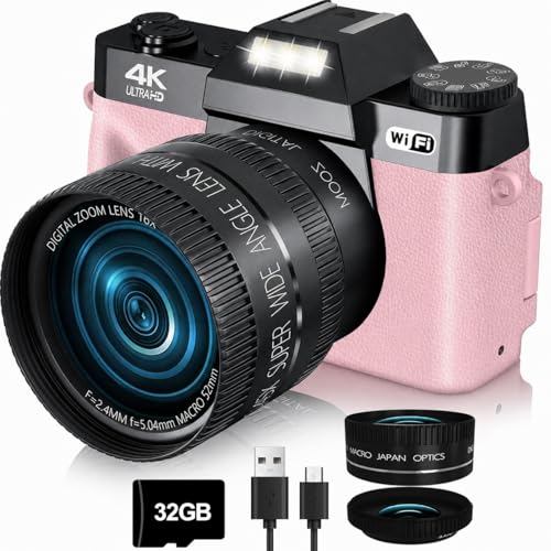 VJIANGER 2026 Upgrade 4K Digital Camera for Photography 56MP Vlogging Camera for YouTube with WiFi, 180°Flip Screen, 16X Digital Zoom, 52mm Lens, 32GB Micro SD Card(Pink)