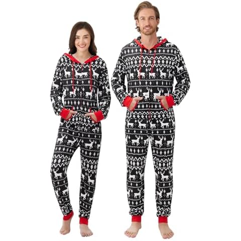 URMAGIC Matching Couple Pajamas Christmas Pajamas for Women Mens Adult Pjs Xmas One Piece Sleepwear Hooded Zipper Jumpsuit Black Cover