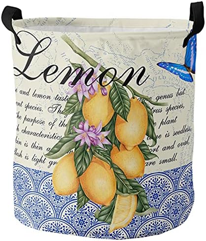 Waterproof Oxford Cloth Laundry Baskets - Foldable Laundry Hamper with Handles Welcome Summer Watercolor Vintage Lemon Yellow Storage Basket for Bedroom Dorm Laundry 13.8x17 Inch