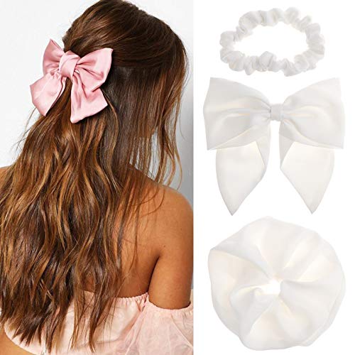 Bow Hair Scrunchies Barrette Set - 3 Pcs Elastic Hair Scrunchies Bow Hair Clips Solid color for Women Ponytail Holder Hair Accessories Gift Set(White)
