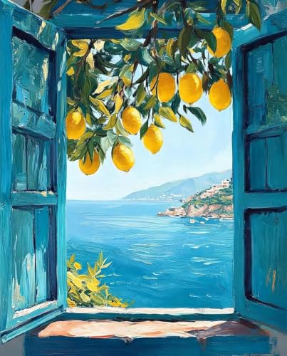 Image of ARPADAMO Diamond Art Kits for Adults,Lemons Window View Diamond Painting Kits for Adults Beginner, Full Drill Round Paint by Diamonds Dot Gem Art for Home Wall Decor 12x16inch
