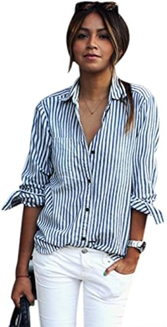 Camisa de manga larga para mujer, diseño de rayas, color azul y blanco Azul  azul L: Amazon.es: Ropa