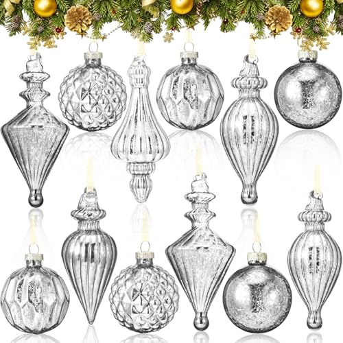 Thyle 12 Pcs Mercury Glass Finial Christmas Ornaments Set Vintage Hanging Christmas Balls Finials Rustic Xmas Balls Assorted Mercury Glass Decor for Home Xmas Tree Party Decoration