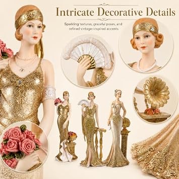 Comfy Hour 3-Piece 13-Inch Tall Glamour Elegance Lady Figurine Collection, Gold Art Deco Victorian Style Decorative Statues