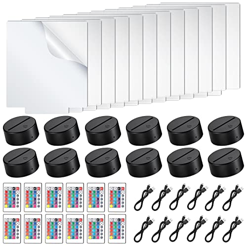 Riakrum 48 Pcs/12 Sets Acrylic Night Lights Clear Acrylic Sheets and 3D Night LED Light Lamp Base with Remote Control USB Cable DIY LED Lamp Set for Restaurant Bar Cafe Room Decor(Rectangular)