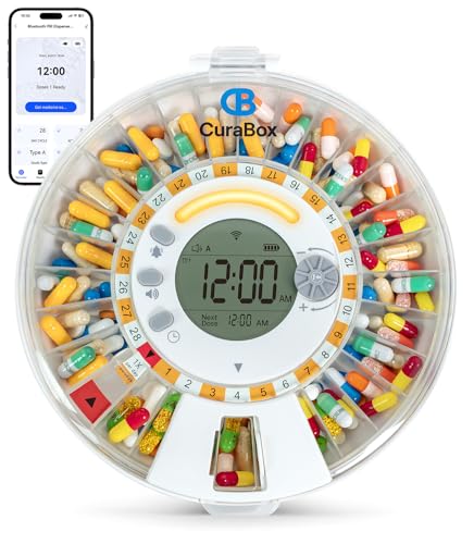 Wi-Fi Automatic Pill Dispenser 28-Day Medication Assistant for Seniors & Caregivers with Remote App Monitoring, Alarms, Sound Light Reminders, Tracks Adherence History, Clear LCD Display, Key Lock