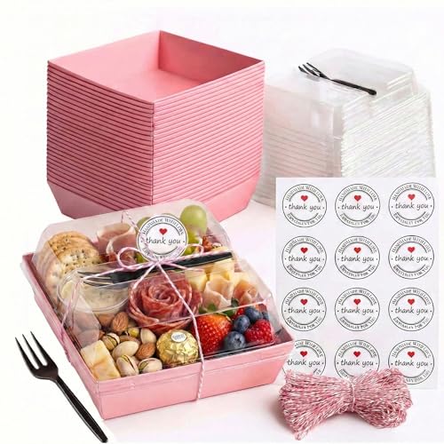 Leafiew 50 Pack Clear Treat Boxes with Forks - Small Dessert Boxes To Go - 5 Inch Disposable Paper Mini Containers for Cookie, Cake Slice, Charcuterie, Bakery, Strawberry, Baked Goods Packaging (Pink)