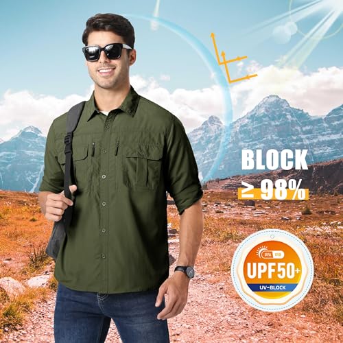Magcomsen Mens Quick Dry Shirts Long Sleeve Sun Shirts Fishing Shirts For Men Button Down Work Shirts Hiking Shirts Army Green L thumb #2