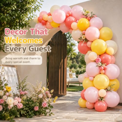 Image of Pink and Yellow Balloon,50PCS 12 Inch Boho Pink Balloons Retro Orange Pastel Pink Yellow Nude Ballons for Girls Birthday Autumn Baby Shower Wedding Engagement Flower Fall Party Decorations