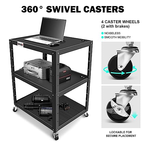 Image of DNA Motoring 3-Layer Utility Steel AV Cart with Wheels Power Strip, 35 inch x 25 inch x 24 inch-42 inch Height Adjustable Rolling Projector Cart,TOOLS-00137