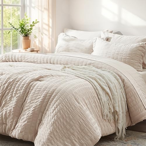 Queen Comforter Set 7 Piece, Beige Bed in a Bag Queen Size Bedding Sets