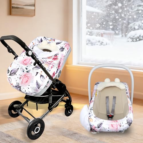Image of Pea Pod Winter Car Seat Cover for Baby, Infant Car Seat Canopies Cover for Newborn, Warm Plush Fleece Inner Protect Baby from Cold Wind, Stylish Floral