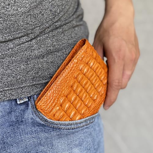 Image of HATA Orange Exotic Bifold Leather Wallet for Men, RFID Blocking Wallet | Men Billfold with ID Window & Credit Card Holder, Handmade Double Side Leather Bifold, Gift for Birthday, Wedding VINAM-104
