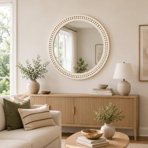 Image of Saliwa 24 Inch Round Bathroom Mirror, White Wood Framed Wall Mirror, Rustic Farmhouse Round Mirror for Vanity, Entryway, Living Room, Bedroom and Hallway