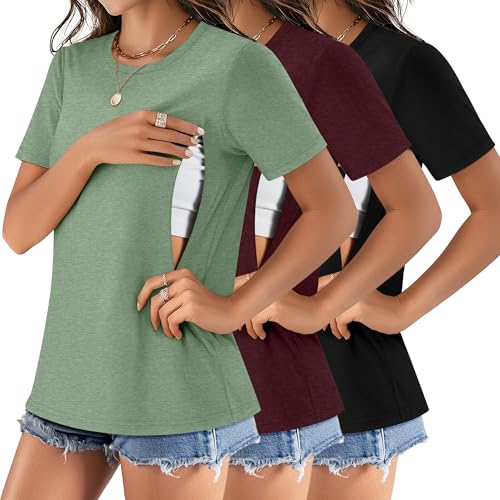 Image of Sweetyweee 3 Pack Women's Maternity Nursing Shirt for Breastfeeding Hidden Zipper Short Sleeve Crew Neck Cotton Pregnancy Top