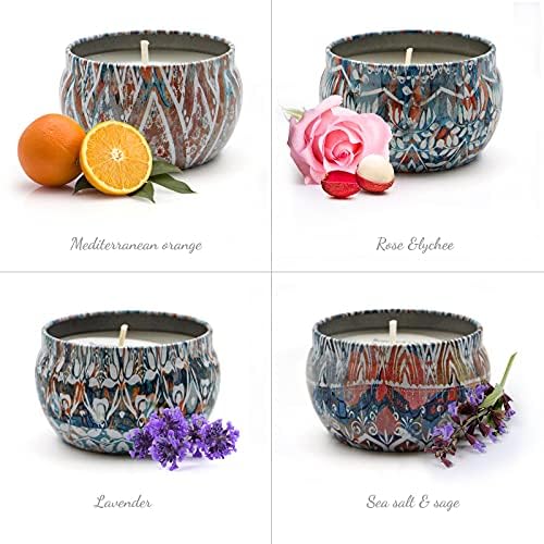 Scented Candles Set Gifts 4 Pack 3 Oz Natural Soy Wax Candles in Tin with Selected Flower and Fruit Essential Oils for Home Fragrance, Classic Lavender,sea Salt sage, Rose Lychee, Mediterranean Orange