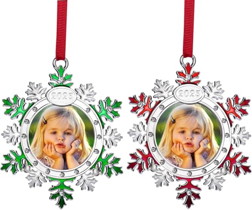 Christmas Photo Ornament Snowflake Photo Frame Hanging Christmas ornaments - Set of 2 Snowflake Picture Frames for Christma Tree - Red and Green Pictures Decor for Xmas