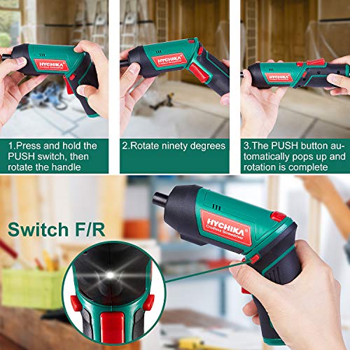 Cordless Screwdriver 6 N.m, HYCHIKA 3.6V 2.0Ah Electric Screwdriver Gun, Adjustable 2 Position Handles, Front LED, DC Charging, 20pcs Accessories