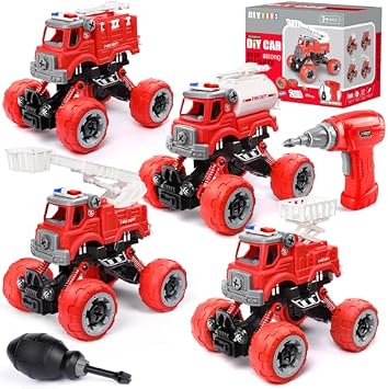 LUDILO Kids Boy Toys 3 4 5 6 7 Year Old Boys Girls Birthday Gifts 4PCS Construction Toys Fire Trucks for Toddlers 3-5 Kids Stem Building Toys Bundles