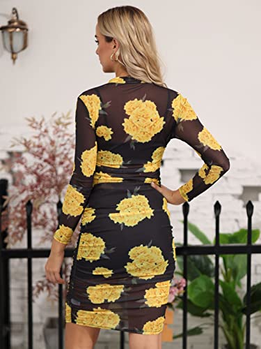 Image of Rodawu Women's Sexy See-Through 3-Piece Set Midi Dress Outfits | Printed,Long Sleeve,Sheer Mesh,Crop Tank Top,Bodycon Skirt,Ruched Cover,Soft,Lightweight,Breathable,Skin Friendly Fabric