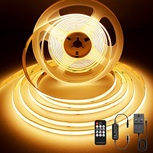 BERIXDEEP COB LED Strip 5m, 480LEDs/M, High Bright Dotless LED Tape with Remote and Power Supply, DC24V, CRI92, 8mm Width, Warm White LED Strip Lights for Bedroom, 2700K