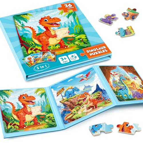Image of Homicozy Magnetic Puzzles for Toddler Kids 3-8, Dinosaur Travel Toys | 36-Pieces Magnetic Puzzle for Kids Ages 3-5 4-6, Car Airplane Road Trip Activities, Quiet Screen-Free Game, Birthday Gifts