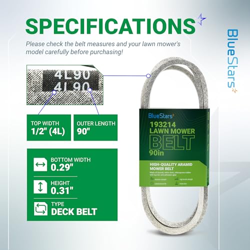 Image of BlueStars 125907X 532125907 193214 Deck Belt | Aramid Cord | 1 /2 x 90 | DeckBelt for 38 inch Deck Craftsman Husqvarna AYP Dixon Jonsered Poulan Mowers Replaces 105732X 120302X 21546076 M79204 532193214
