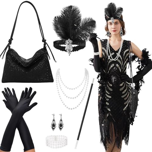 GOTRUST 7 peças fantasia anos 20 mulheres, 1920 s acessórios de Charleston, kit disfarce abaré, Great Gatsby Accessories para festas temáticas Halloween carnaval