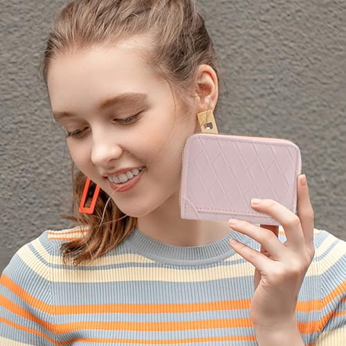 LJCZKA Credit Card Holder Wallet for Women Men Small Zipper Card Case Leather Accordion Purse Short Compact Change Pocket (Quilted Pink)2
