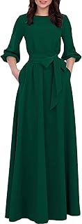 AOOKSMERY Women Elegance Audrey Hepburn Style Round Neck 3/4 Puff Sleeve Puffy Swing Midi Dress with Belt