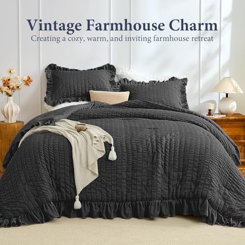 Image of JOLLYVOGUE Black Comforter Full Size, 3 Pieces Seersucker Lightweight Full Size Bedding, All Season Fluffy Microfiber Bedding Comforter Set with 1 Ruffle Comforter and 2 Ruffle Pillowshams