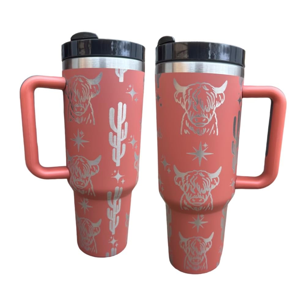 Silva Lining Designing Tumbler, 40oz Tumbler, Western Tumbler, Engraved Cup With Handle, Cute Coffee Mug, 40oz Coffee Mug (White/rainbow(19)-Cute Cow(E3