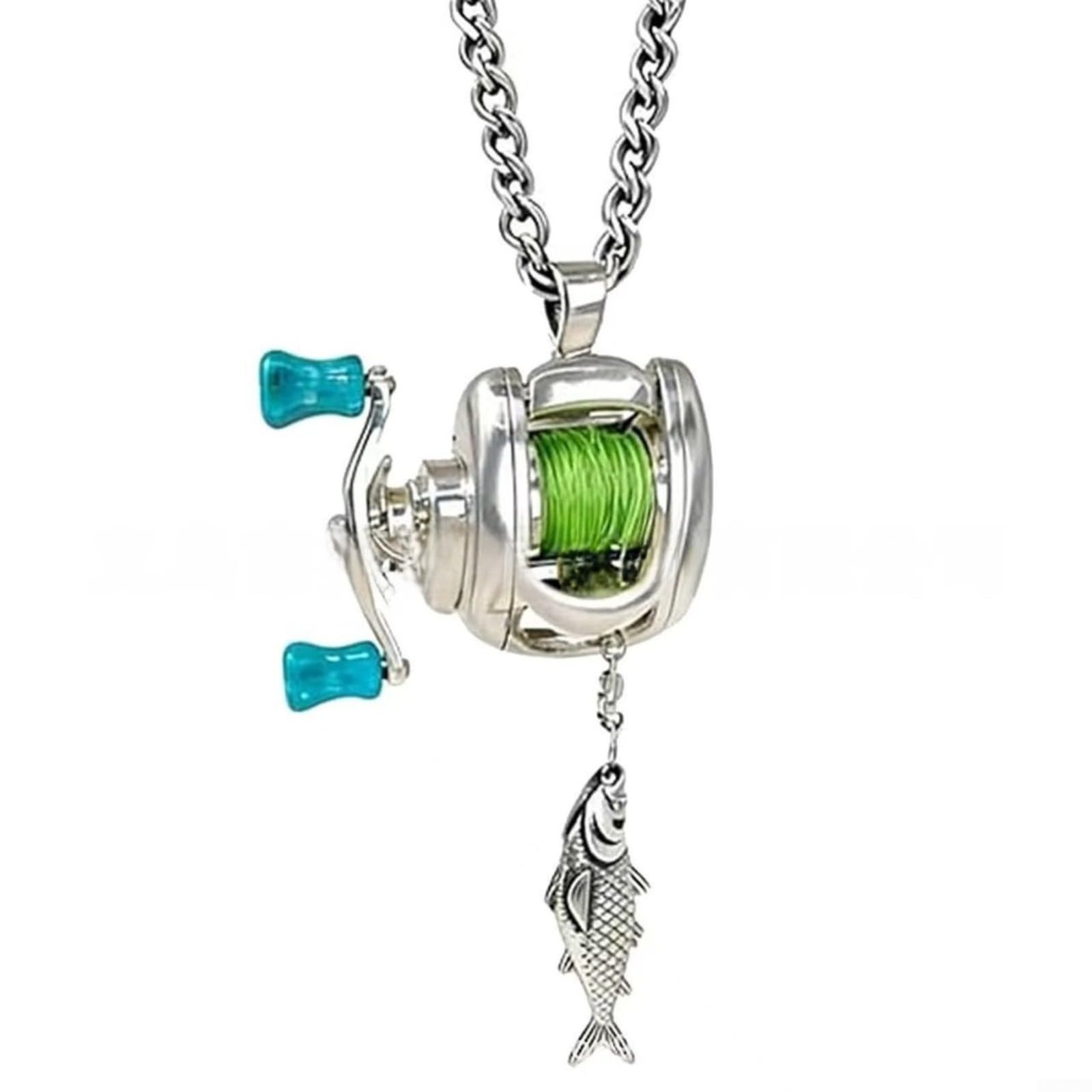Petit collier de moulinet de pêche avec pendentif et anneau - Design miniature en alliage avec chaîne réglable de 60 cm - Bijoux compacts et légers sur le thème de la pêche pour les pêcheurs