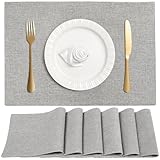 Linen Cloth Double Layers Placemats, Cotton Woven Placemats Set of 6, Kitchen Table Farmhouse Decor Heat Resistant Table Mats, Outdoor Indoor Square Fabric Place Mats Can be Washable (Light Gray)