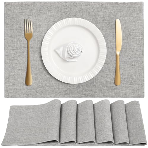 Linen Cloth Double Layers Placemats, Cotton Woven Placemats Set of 6, Kitchen Table Farmhouse Decor Heat Resistant Table Mats, Outdoor Indoor Square Fabric Place Mats Can be Washable (Light Gray)