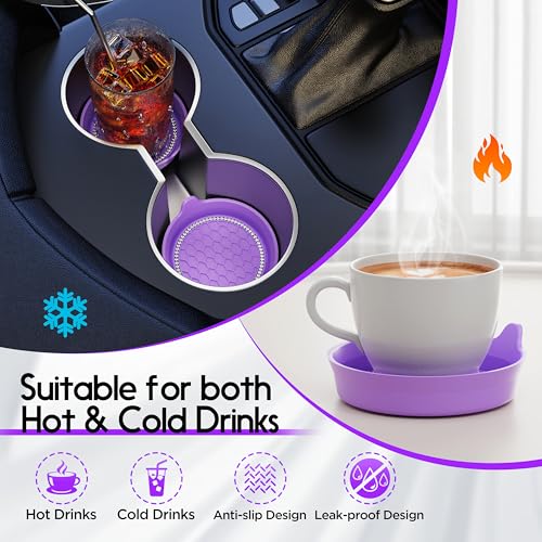 Image of Amooca 4-Pack Car Cup Holder Coaster Bling Crystal Rhinestone Car Interior | Universal Fit Most Car SUV Truck, Non-Slip Silicone, Spill-Proof Deep Cup Shape, Heat Resistant, Sparkly Decor, Purple