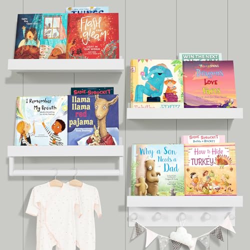 Image of Ollieroo Set of Four Floating Book Shelves for Wall, Nursery Book Shelf for Kids Room, Bamboo Wood Hanging Bookshelf for Baby Teen Boys Girls, Wall Mounted Shelves for Bedroom Bathroom Decor(White)