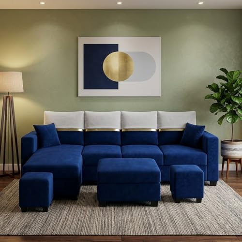 Image of Furny Arvea 8 Seater Fabric LHS L Shape Sofa Set with 1 Centre Table & 2 Puffy (Blue) | Soft Velvet Fabric | Modern Design | Comfortable Seating | Living Room Furniture