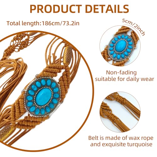 Boho Turquoise Belt for Women 2" Western Wax Rope Beaded Braided Waist Ethnic Hand-Woven Tassel Tie for Dress2