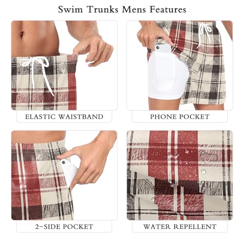 Mens Swim Trunks with Liner, Plaid Pattern Retro Cool Quick Dry Beach Swim Shorts, Swimwear Bathing Suits S3