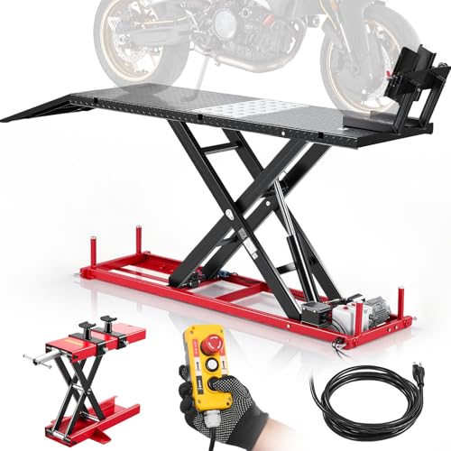 Image of VEVOR Motorcycle Lift Table, 1500 lbs Capacity, Electric Hydraulic Pump with Scissor Lift Jack, Adjustable Wheel Chock, 9.05 inch-41.73 inch Height Range, 78.3 inch x 26.3 inch Heavy Duty Repair Stand for Dirt Bike