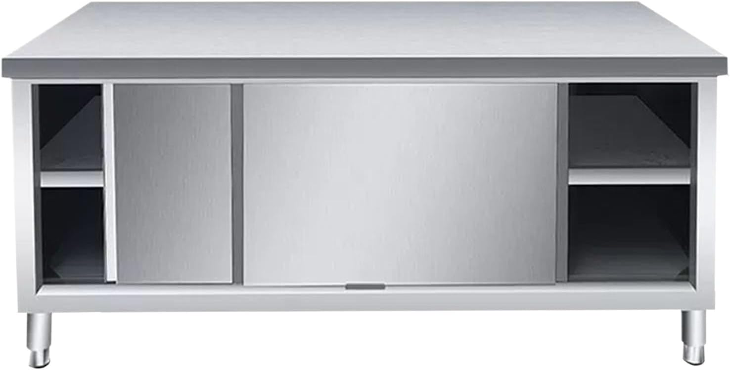 Stainless Steel Table with Sliding Doors Kitchen Work Tables Dual-Track System Adjustable Feet Large-capacitility Storage Space Fully Welded Construction High Load-Bearing Capacitility