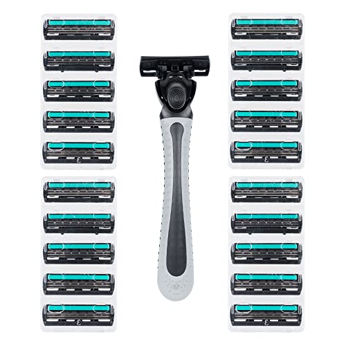 Invero 21 Pack of Mens Three Blade Razor Set - Triple Stainless Steel Razor Blades with Comfort Lubricating Strips & Contour Movable Replaceable Heads - Suitable for Shaving All Areas of The Body