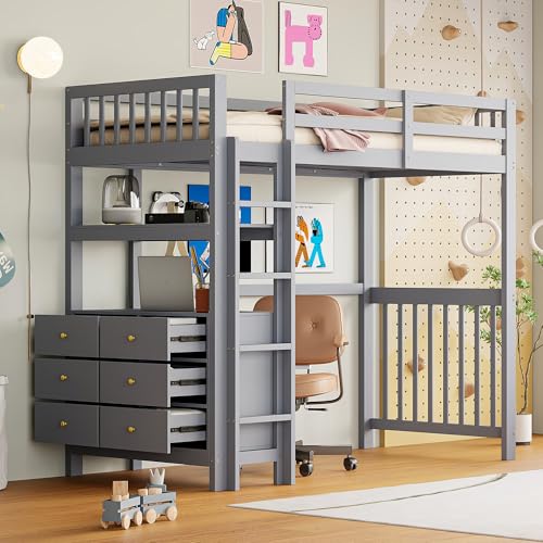 Zravenna Cama alta de 90 x 200 cm con cajones y estantes, cama alta para niños con escalera de seguridad vertical, marco de cama con somier, cama individual de madera (gris, 90 cm x 200 cm)