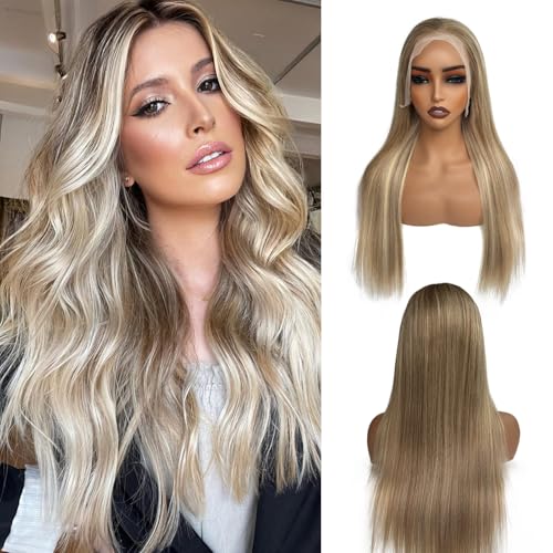 Image of Highlights Lace Front Wigs Human Hair Balayage Blonde with #3 Brown Roots HD Lace Front Wig Real Human Hair Ombre 180% Density Thick 13x6 Straight Frontal No Tangle Shedding Triple Lifespan 22 Inch