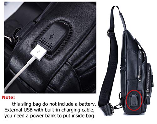 Bullcaptain Genuine Leather Mens Sling Bag Multipurpose Travel Crossbody Chest Bag Daypacks With Usb Charging Port (Black) #TOP2