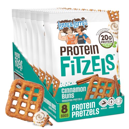 Image of Lenny & Larry's FITZELS Protein Pretzels (Cinnamon Buns) 8 Individual Bags 3 oz Each - High Protein Snacks with 20g of Plant Based Protein - Healthy Vegan Pretzels - Delicious Salty Taste