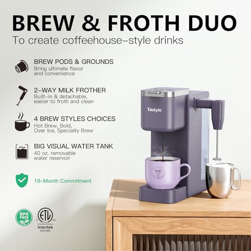 Image of Tastyle 330MF Single Serve Coffee Maker with Built-in Detachable Milk Frother, Iced and Hot Coffee Machine for K Cup & Grounds, 40oz Removable Water Tank, 6 Cup Sizes, Fits 7.3 inch Travel Mug, Purple