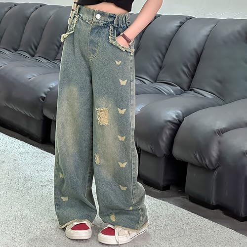 Little Girls Ripped Jeans Kids Raw Hem Bow Print Denim Pants Youth Wide Leg High Waisted Buttons Strechy Fashion Y2K Clothes3