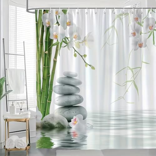 Rideau de Douche imperméable au Design Zen inspiré des Pierres empilées, du Bambou et des orchidées pour Une Salle de Bain relaxante 90x220cm/(WxH)